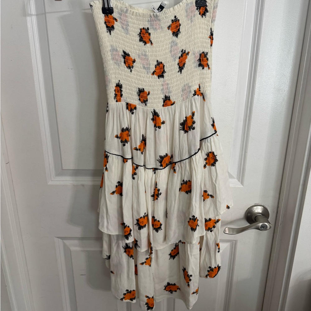 Ganni Smocked Tiered White Dress with Orange Floral Print